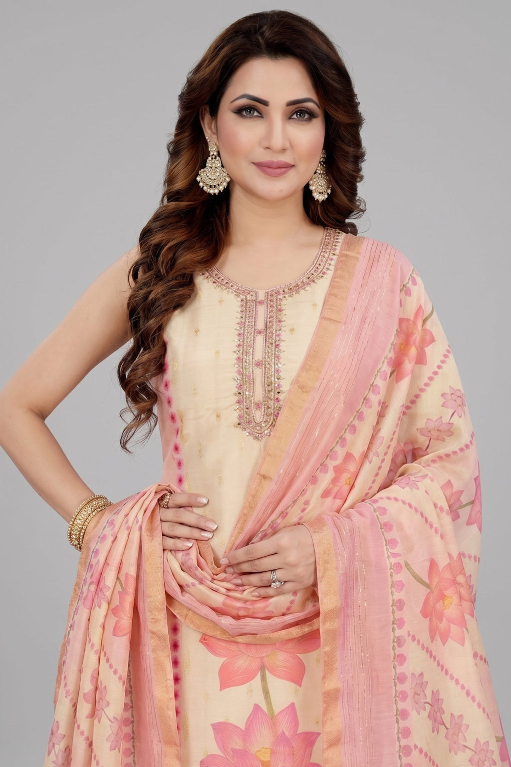 Pink Chanderi Floral Printed Straight Cut Kurti Set