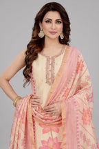 Pink Chanderi Floral Printed Straight Cut Kurti Set