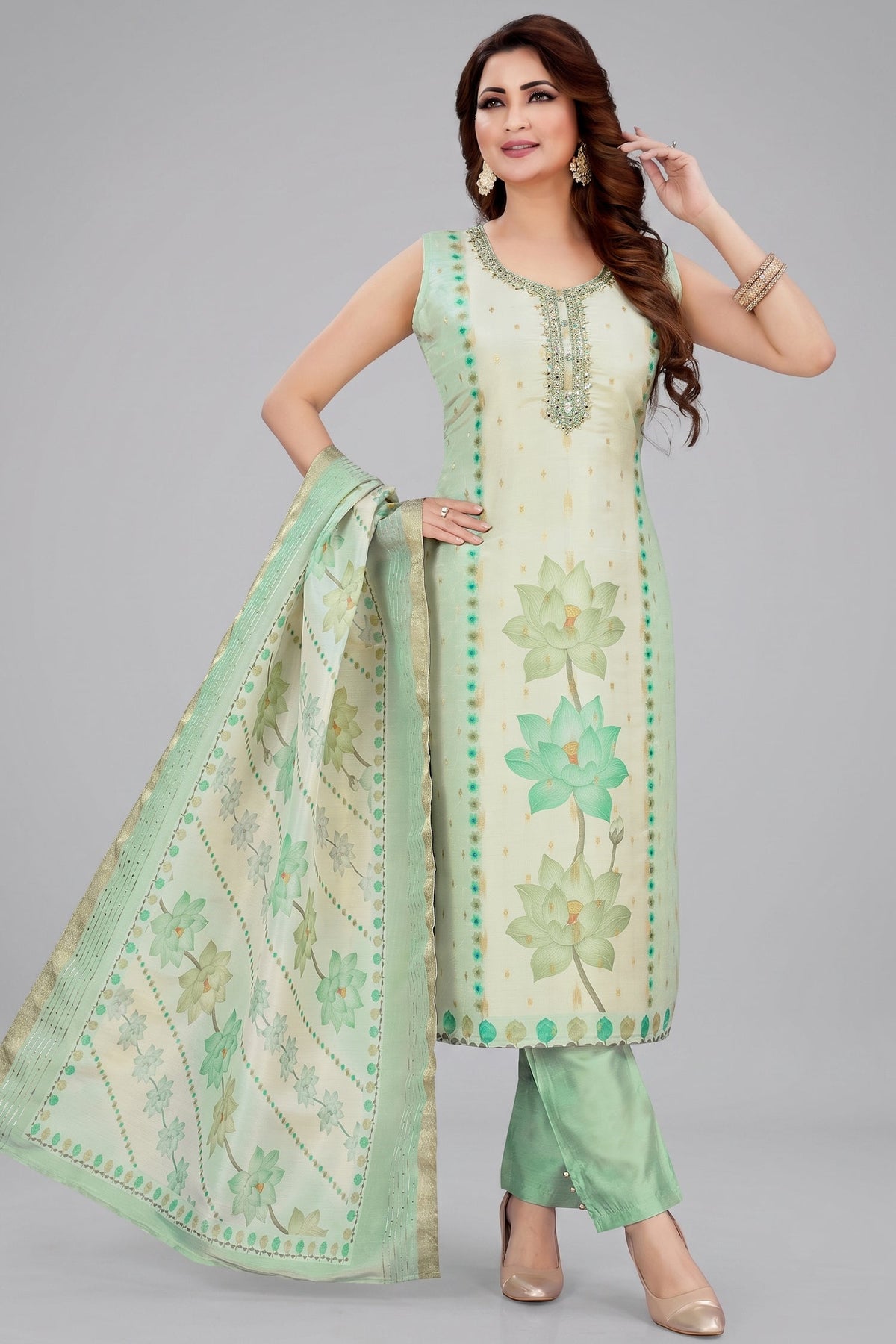 Green Chanderi Floral Printed Straight Cut Kurti Set