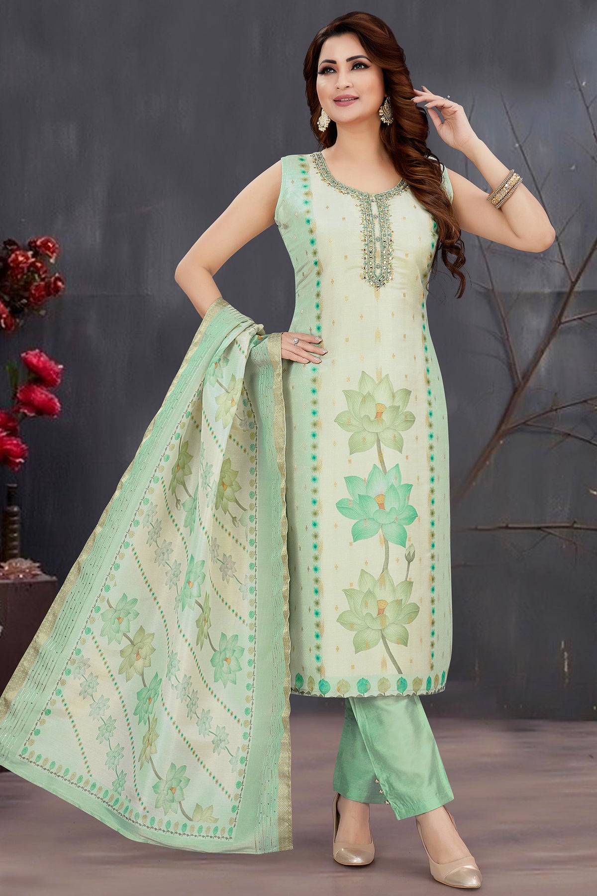 Green Chanderi Floral Printed Straight Cut Kurti Set