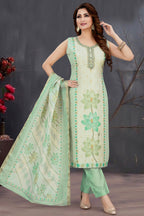 Green Chanderi Floral Printed Straight Cut Kurti Set
