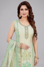 Green Chanderi Floral Printed Straight Cut Kurti Set