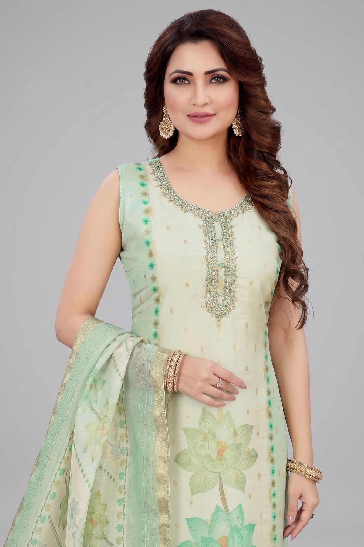 Green Chanderi Floral Printed Straight Cut Kurti Set