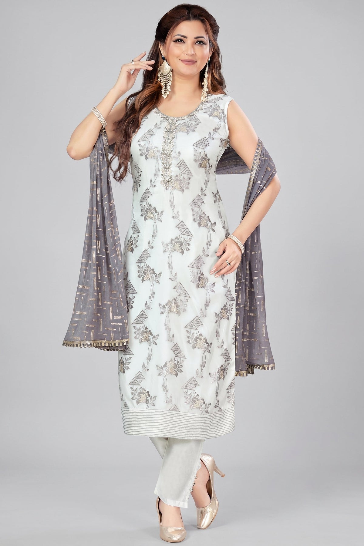 Pearl White Chanderi Woven Straight Cut Kurti Set
