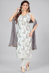 Pearl White Chanderi Woven Straight Cut Kurti Set
