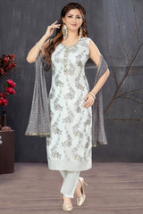 Pearl White Chanderi Woven Straight Cut Kurti Set