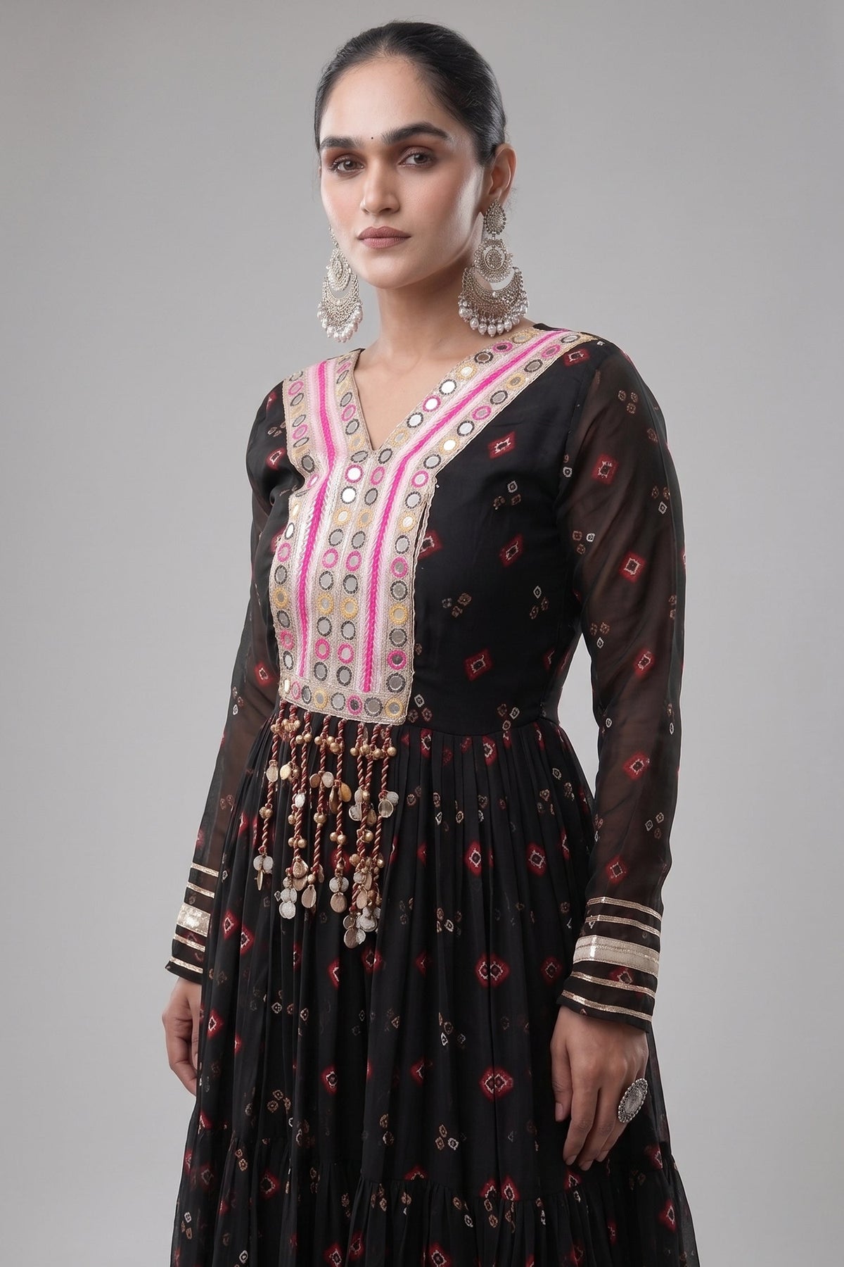 Black Georgette Printed Flared Anarkali Kurti with Mirror Work