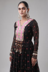 Black Georgette Printed Flared Anarkali Kurti with Mirror Work