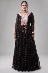 Black Georgette Printed Flared Anarkali Kurti with Mirror Work