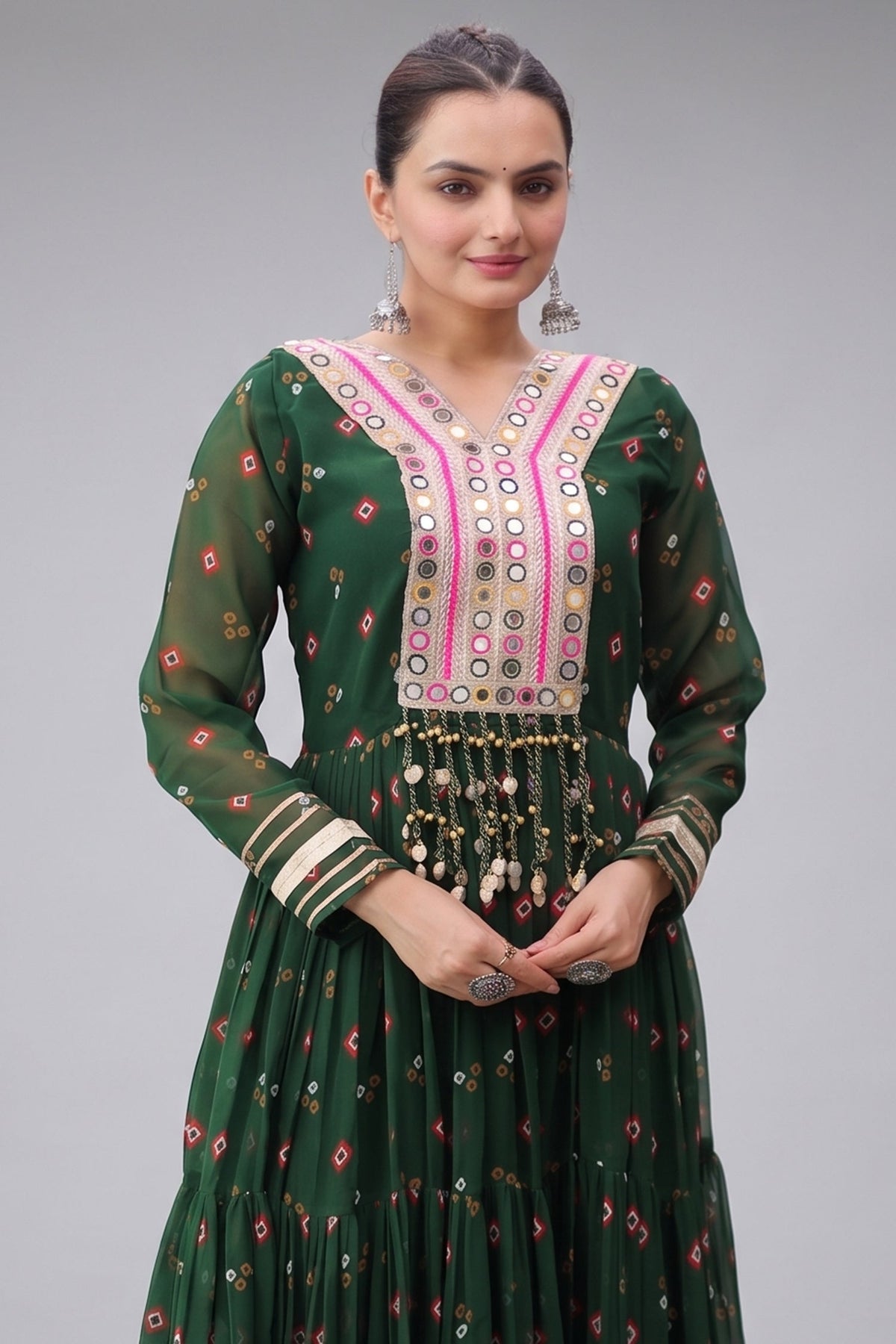 Green Georgette Printed Flared Anarkali Kurti with Mirror Work