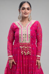 Pink Georgette Printed Flared Anarkali Kurti with Mirror Work