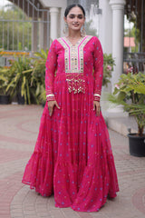Pink Georgette Printed Flared Anarkali Kurti with Mirror Work