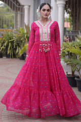 Pink Georgette Printed Flared Anarkali Kurti with Mirror Work