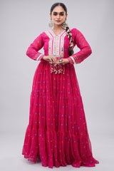 Pink Georgette Printed Flared Anarkali Kurti with Mirror Work