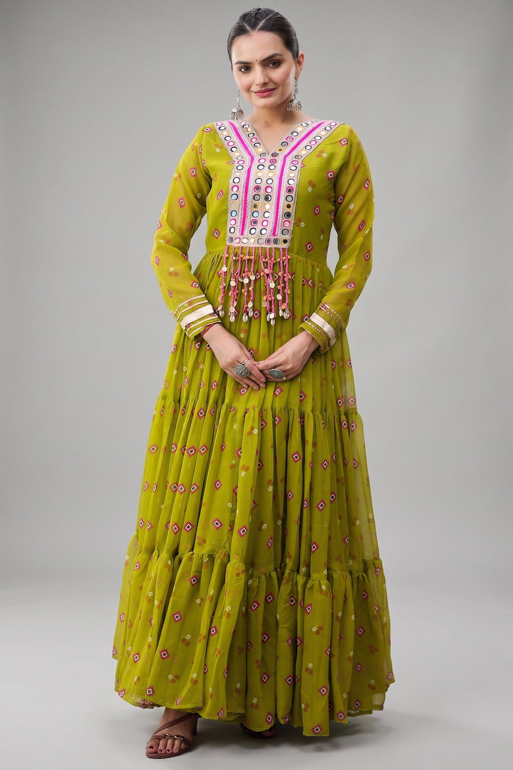 Green Georgette Printed Flared Anarkali Kurti with Mirror Work