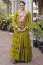 Green Georgette Printed Flared Anarkali Kurti with Mirror Work