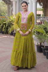 Green Georgette Printed Flared Anarkali Kurti with Mirror Work