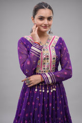Purple Georgette Printed Flared Anarkali Kurti with Mirror Work