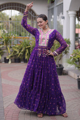 Purple Georgette Printed Flared Anarkali Kurti with Mirror Work