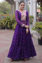 Purple Georgette Printed Flared Anarkali Kurti with Mirror Work