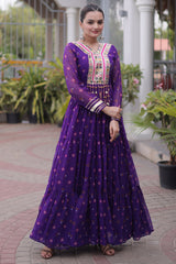 Purple Georgette Printed Flared Anarkali Kurti with Mirror Work