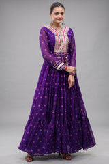 Purple Georgette Printed Flared Anarkali Kurti with Mirror Work