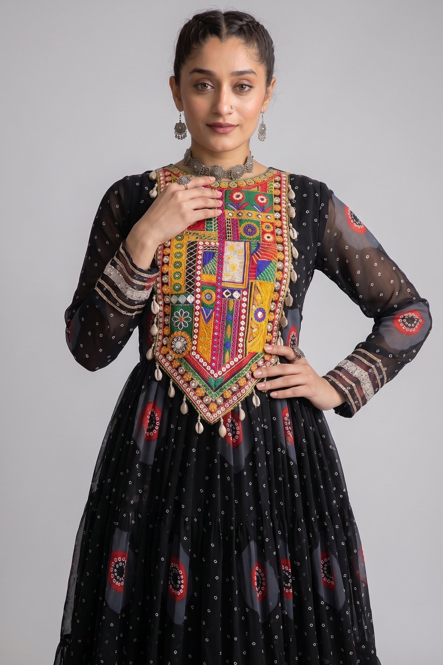 Black Georgette Bandhej Printed Flared Anarkali Kurti with Kachchi Work Secondary image