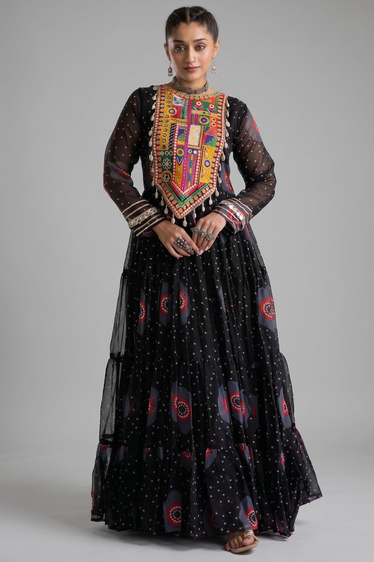 Black Georgette Bandhej Printed Flared Anarkali Kurti with Kachchi Work