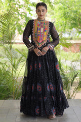 Black Georgette Bandhej Printed Flared Anarkali Kurti with Kachchi Work