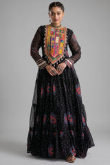 Black Georgette Bandhej Printed Flared Anarkali Kurti with Kachchi Work