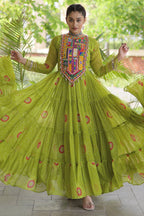 Parrot Green Georgette Bandhej Printed Flared Anarkali Kurti with Kachchi Work