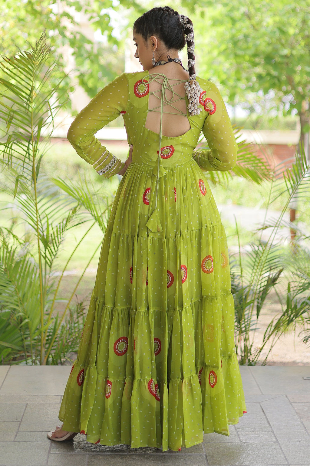 Parrot Green Georgette Bandhej Printed Flared Anarkali Kurti with Kachchi Work