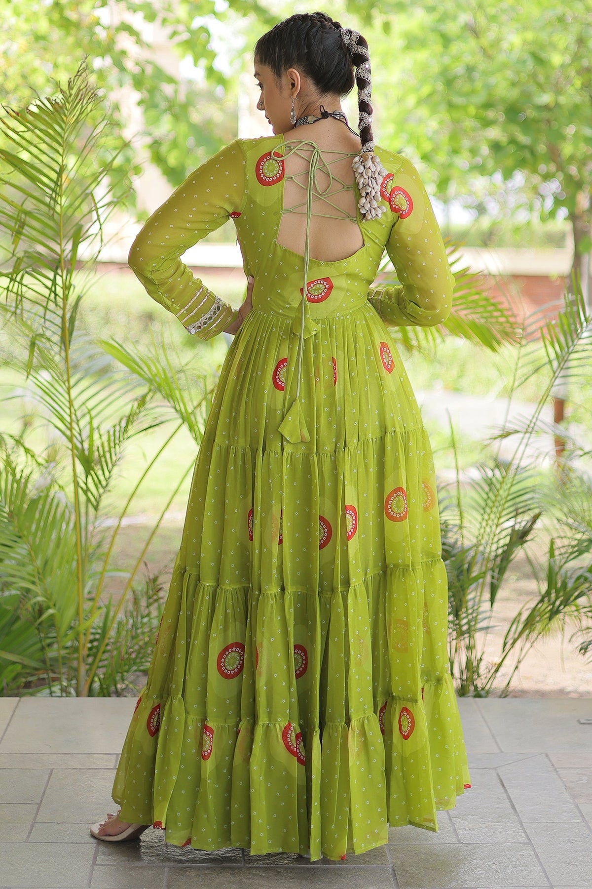 Parrot Green Georgette Bandhej Printed Flared Anarkali Kurti with Kachchi Work