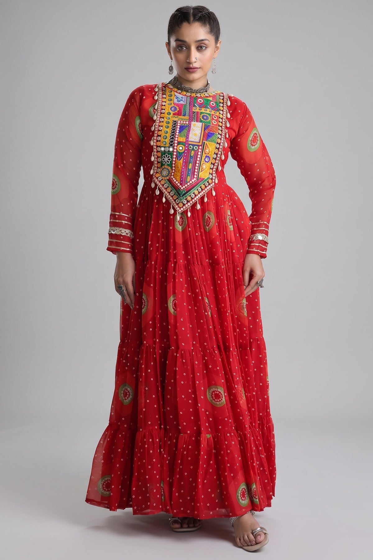 Red Georgette Bandhej Printed Flared Anarkali Kurti with Kachchi Work