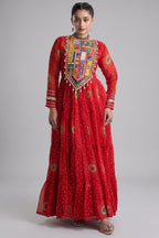 Red Georgette Bandhej Printed Flared Anarkali Kurti with Kachchi Work