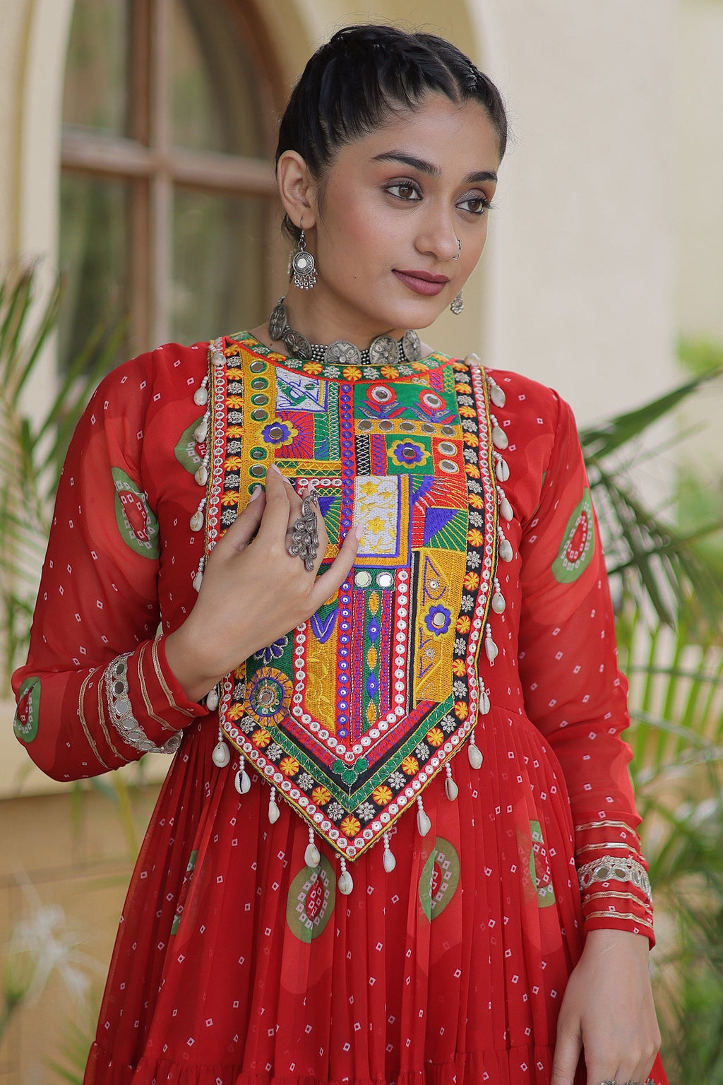 Red Georgette Bandhej Printed Flared Anarkali Kurti with Kachchi Work