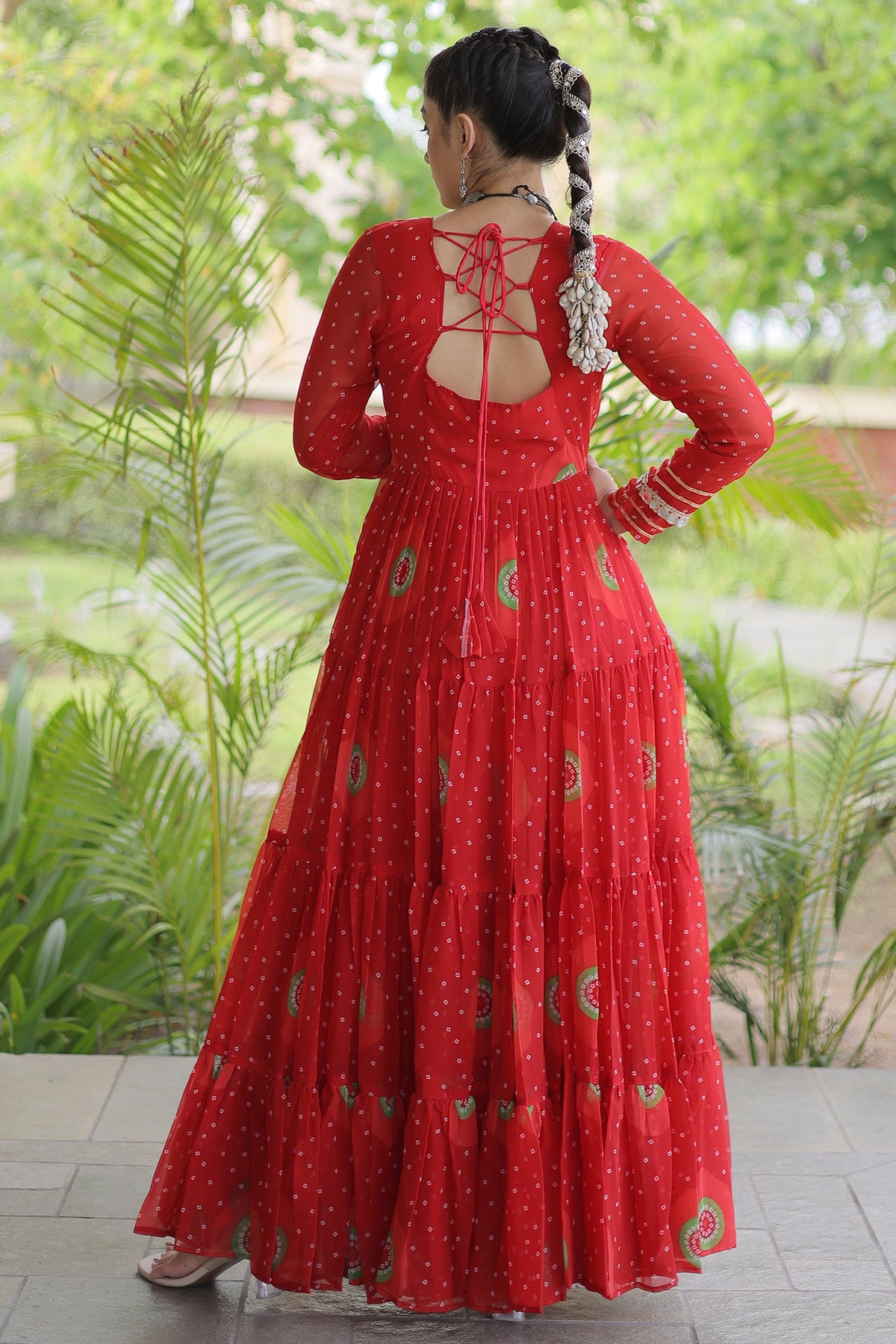 Red Georgette Bandhej Printed Flared Anarkali Kurti with Kachchi Work
