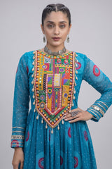 Blue Georgette Bandhej Printed Flared Anarkali Kurti with Kachchi Work