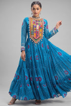 Blue Georgette Bandhej Printed Flared Anarkali Kurti with Kachchi Work