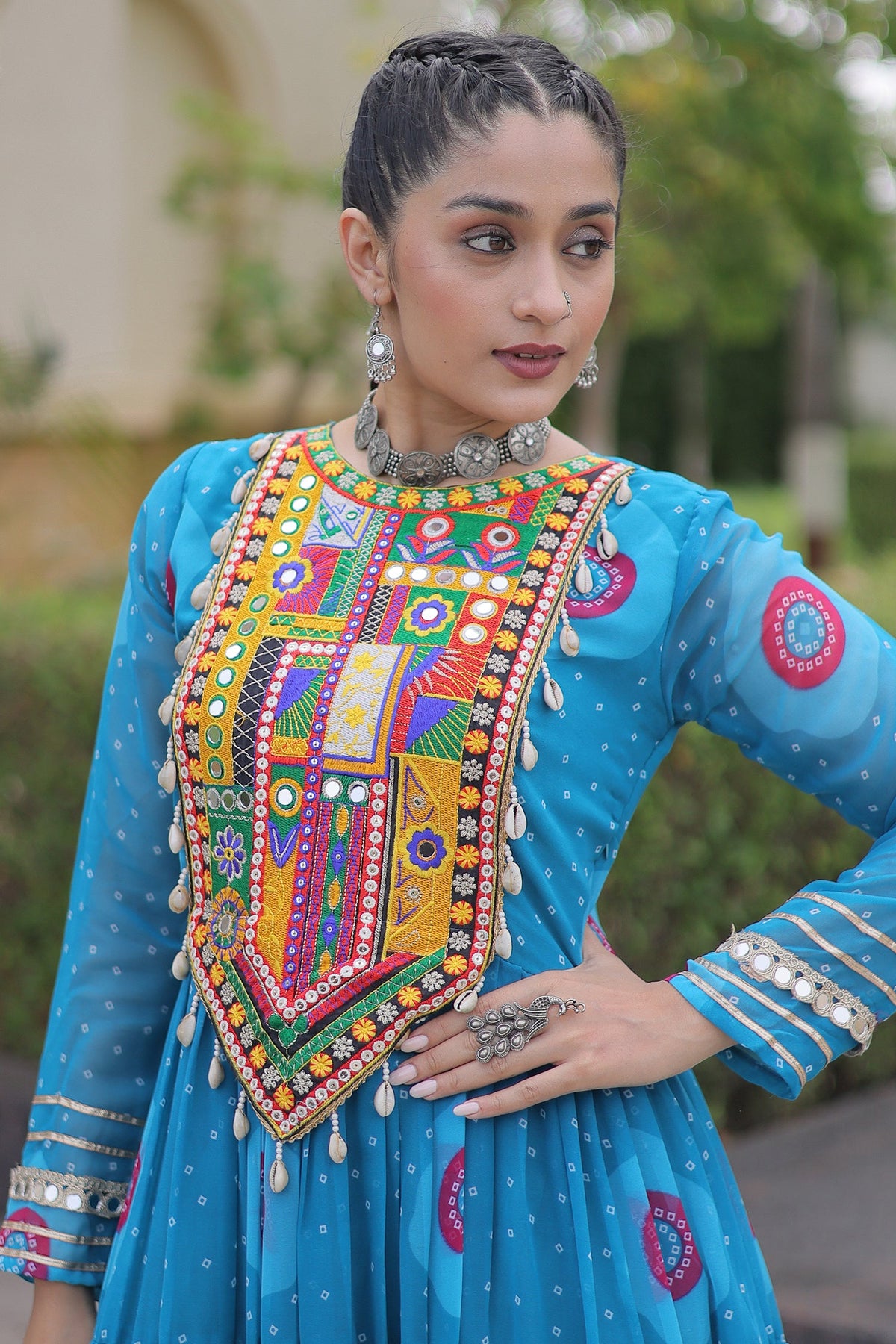 Blue Georgette Bandhej Printed Flared Anarkali Kurti with Kachchi Work