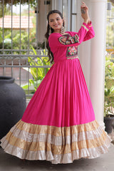 Pink Rayon Kachchi and Mirror Worked Flared Anarkali Kurti