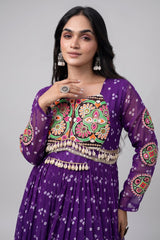 Purple Georgette Printed Flared Anarkali Kurti with Kachchi Work