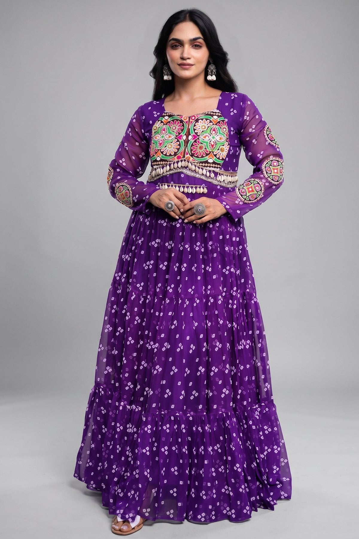 Purple Georgette Printed Flared Anarkali Kurti with Kachchi Work