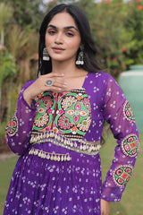 Purple Georgette Printed Flared Anarkali Kurti with Kachchi Work