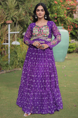 Purple Georgette Printed Flared Anarkali Kurti with Kachchi Work