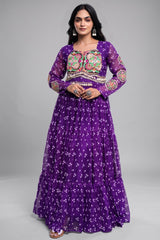 Purple Georgette Printed Flared Anarkali Kurti with Kachchi Work