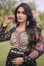 Black Georgette Printed Flared Anarkali Kurti with Kachchi Work