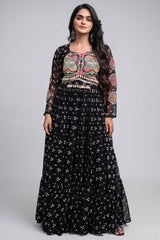 Black Georgette Printed Flared Anarkali Kurti with Kachchi Work
