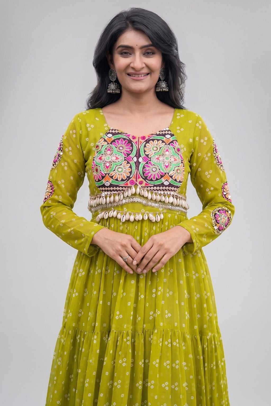 Parrot Green Georgette Printed Flared Anarkali Kurti with Kachchi Work
