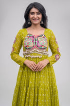 Parrot Green Georgette Printed Flared Anarkali Kurti with Kachchi Work
